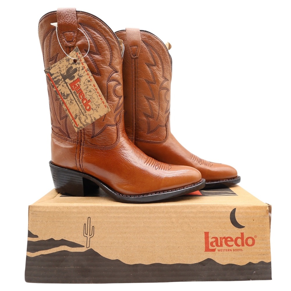 Laredo Vintage J Toe Western Boots Kids 2.5 Brown Leather NWT Deadstock